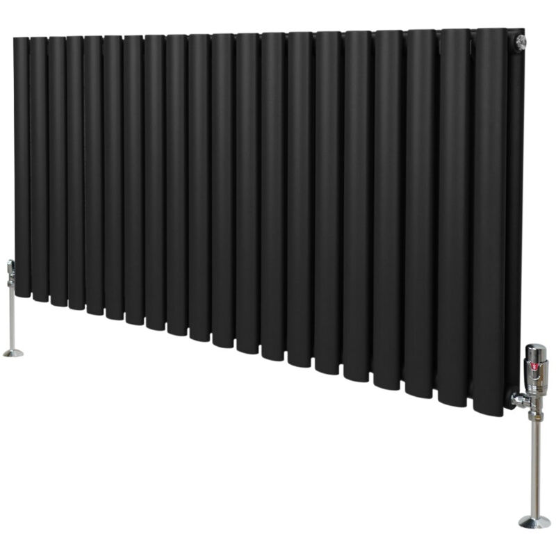 Monster-shop - Radiateur à Colonne Ovale 600 x 1200mm & Robinet Thermostatique Chromé, Chauffage Moderne Horizontal en Acier au Carbone Noir Mat,