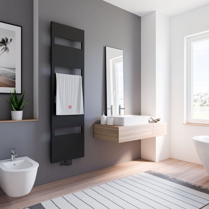 Schulte - Radiateur à eau chaude Turin avec raccord central et raccords en bas des deux côtés, porte-serviettes, noir mat, 170 x 50 cm