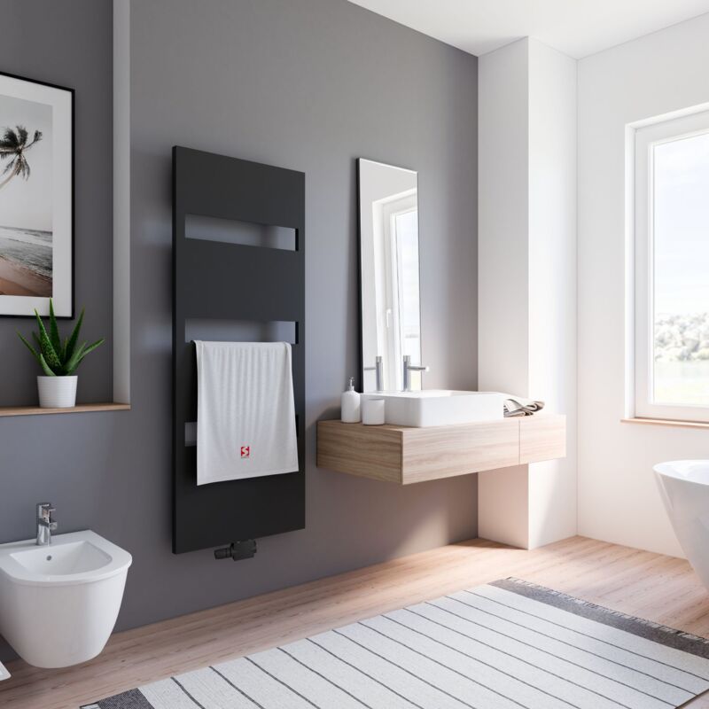 Schulte - Radiateur à eau chaude Turin avec raccord central et raccords en bas des deux côtés, porte-serviettes, noir mat, 154 x 50 cm