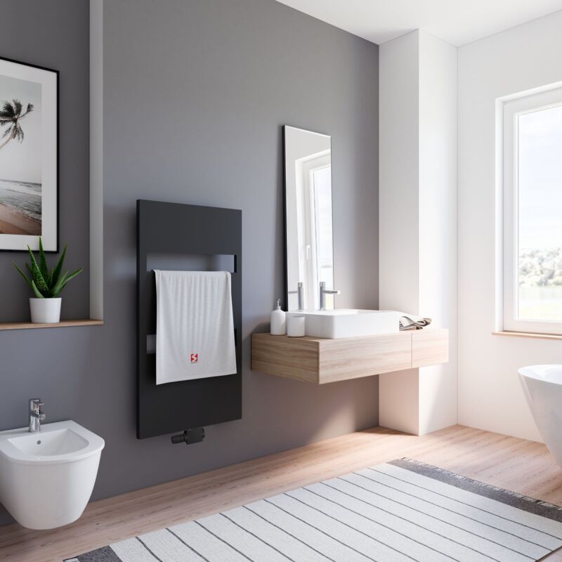 Schulte - Radiateur à eau chaude Turin avec raccord central et raccords en bas des deux côtés, porte-serviettes, noir mat, 114 x 50 cm