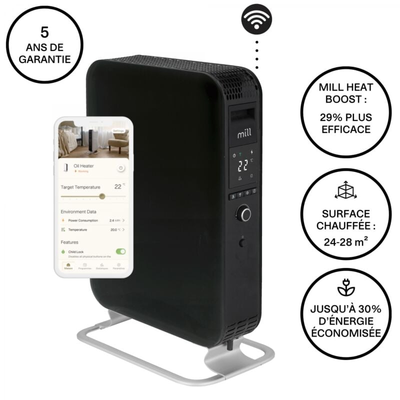 Mill - Chauffage bain d'huile connecté Gentle Air Wifi 2000W Noir