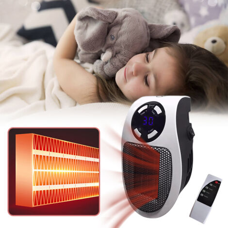 Radiateur électrique mini portable avec thermostat numérique et timer 500W pour bureau et chambre, ABS+PTC blanc 10x8.5x16.5cm, avec télécommande