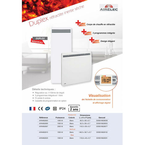 Radiateur à inertie réfractite horizontal 2000W DUPLEX AIRELEC A692807