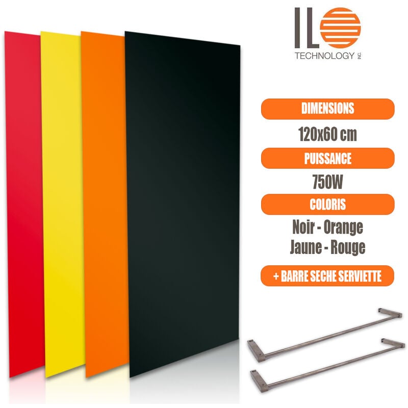 Ilo Technology - Radiateur électrique plat panneau rayonnant en verre 120x60cm 750W convertible en sèche serviette Couleur - Rouge, Thermostat - non