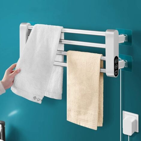 KZQ Radiateur Seche Serviette Electrique Salle de Bain avec Thermostat 55℃, Porte-Serviettes Chauffant Electrique Blanc sans Perçage Auto-Adhésif, Pliable à 90° et Minuterie, Contrôle Tactile