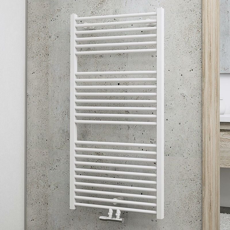 Radiateur sèche-serviette à eau chaude, blanc, inertie fluide, vertical, raccord central Schulte 110 x 60 cm, 630 w