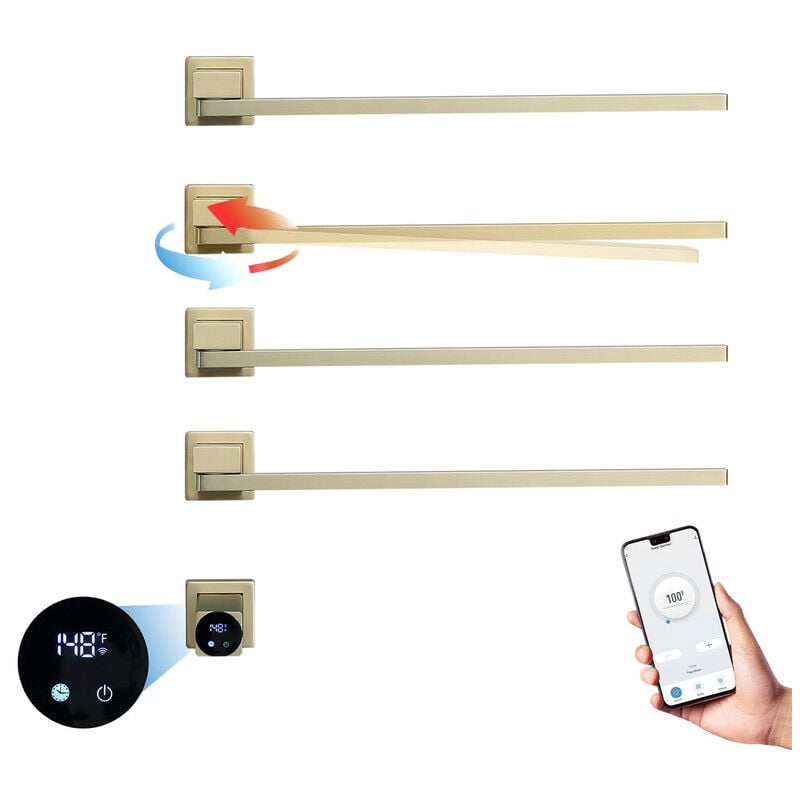 Radiateur Sèche-Serviettes Électrique avec 4 Barres Porte-Serviettes électrique Or Brossé à 180°, 75W 51 70cm Mural Chauffe-Serviettes Intelligent,