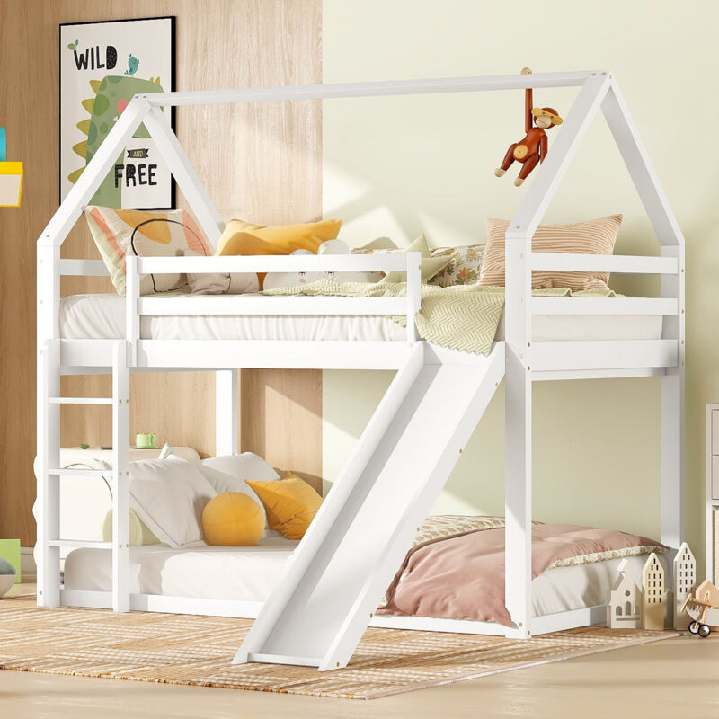 Lit superposé enfant simple 90 x 200 cm, lit cabane en pin avec toboggan et échelle, blanc