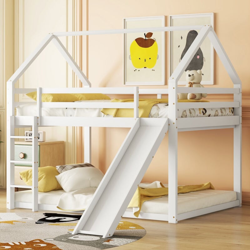 Lit superposé enfant double 140 x 200 cm, lit cabane en pin avec toboggan et échelle, blanc