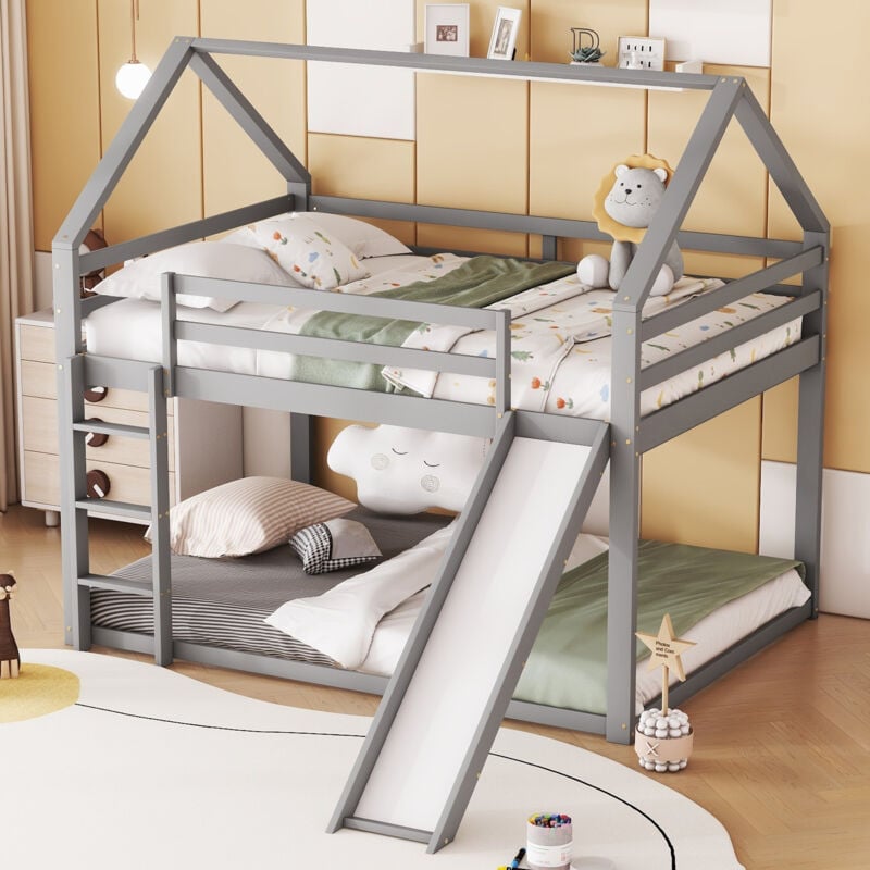 Hommoo - Lit superposé enfant cabane 140 x 200 cm en pin avec toboggan et échelle, gris