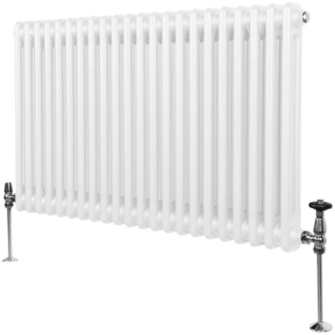 MONSTER-SHOP Radiateur Traditionnel à Double Colonne 600 x 1012 mm, Chauffage Moderne Horizontal en Acier au Carbone Blanc Brillant, Cuisine Salon Salle de Bain [Brosse, Attaches Murales & Supports INCLUS]