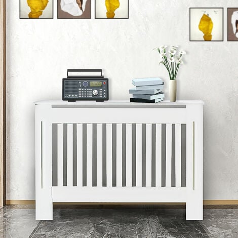 Radiator Cover Cabinets MDF Wooden White Painted Vertical Slat Cabinet Shelve Grill Furniture, Tall Radiator Cover for Dining Room Bedroom Hallway