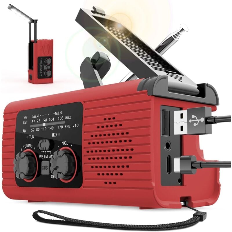 Radio à manivelle à énergie solaire,Radio à manivelle à énergie solaire, Radio portable AM/FM/NOAA, Radio météo à 3 voies, charge à 3 voies, Radio à