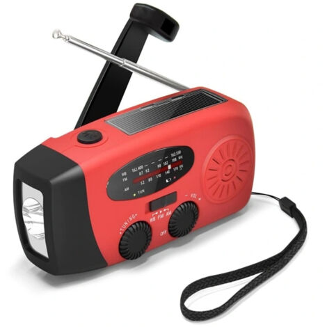 Radio à manivelle avec panneau solaire, lampe torche, batterie externe 2000mAh et fonction SOS rouge