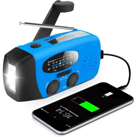 NEPTUNE Radio à manivelle/rechargeable/solaire avec prévisions météo AM/FM/NOAA, générateur de liège manuel, banque d'alimentation pour téléphone portable 600 mAh, lampe LED pour bouteille