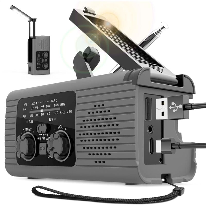 Radio à manivelle,Radio à manivelle à énergie solaire Radio AM/FM/NOAA alimentée par batterie Radio d'alarme SOS, charge à 3 voies, Radio de survie,