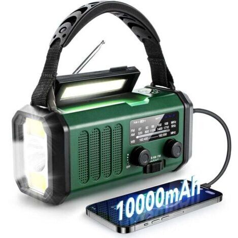 Radio à piles, à manivelle ou solaire, radio météo d'urgence, portable 10 000 mAh, radio AM/FM à manivelle, chargeur USB, lampe de poche, lampe de lecture, boussole, alarme de survie SOS, adaptée aux