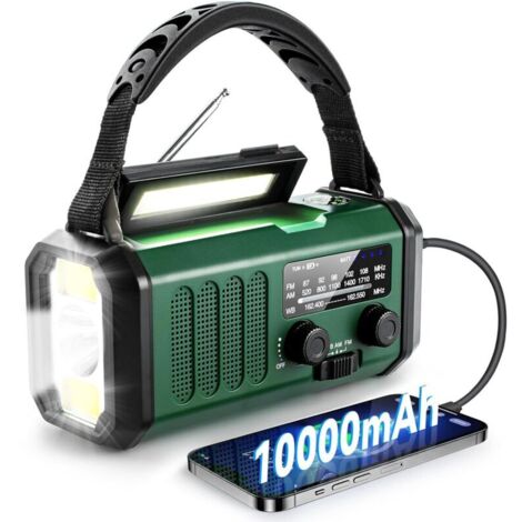 Radio à piles, à manivelle ou solaire, radio météo d'urgence, portable 10 000 mAh, radio AM/FM à manivelle, chargeur USB, lampe de poche, lampe de lecture, boussole, alarme de survie SOS, adaptée aux