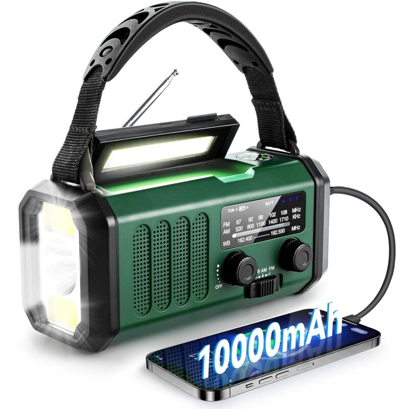 Coocheer - Radio à piles, à manivelle ou solaire, radio météo d'urgence, portable 10 000 mAh, radio am/fm à manivelle, chargeur usb, lampe de poche,