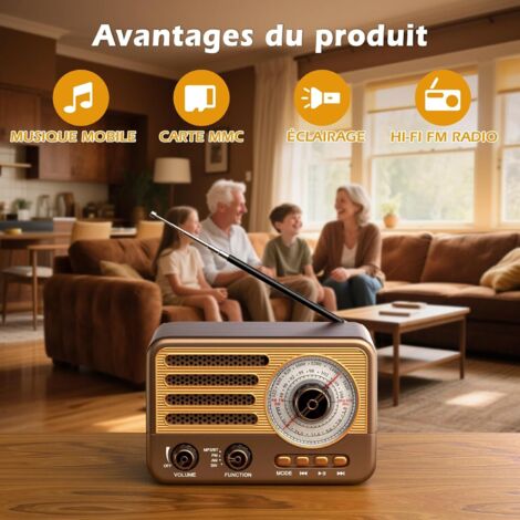 Radio a transistor vintage - Stile retrò con gamma moderna - Portatile - AM/FM/SW - Con USB/TF/AUX MP3 e batteria ricaricabile da 1800 mAh