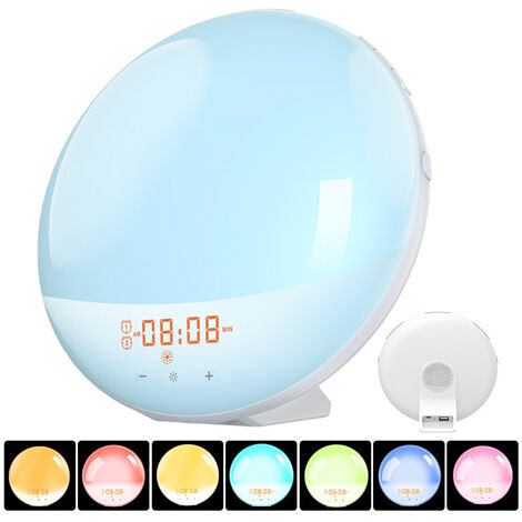 main image of "Radio Alarm clock morning with luminous effects bedside lamp with 20 programmable brightness alarms, sunrise and sunset simulation, Snooze function, 7 natural sounds, FM radio [energy class A +]"