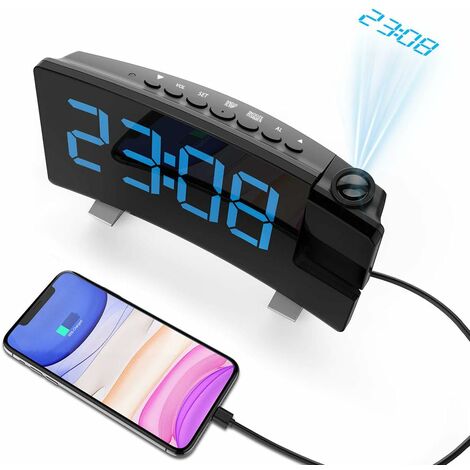main image of "Radio alarm clock with projection, projection alarm clock, digital alarm clock with dual alarm, 4 alarm tones with 10 volume, 15 FM radio, USB connection, 6 dimmers / 4 projection brightness, snooze function"