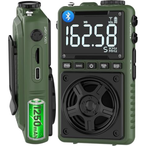 Radio AM/FM Bluetooth portable rechargeable 1250 mAh – Alerte météo NOAA – Haut-parleur 5 W – Réception optimale – Prise casque 3,5 mm
