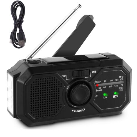 Radio AM/FM de survie à énergie solaire, manivelle, rechargeable par USB, 1 200 mAh, charge solaire, lampe torche LED et alarme SOS, noir