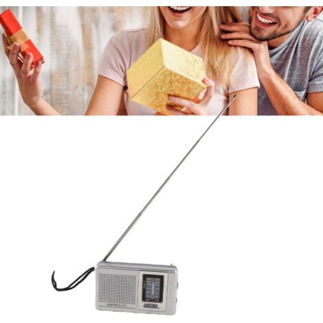 Radio AM/FM pequeña y portátil con un diseño clásico en color gris plateado, funciona con pilas y es ideal para el hogar, excursiones y viajes.