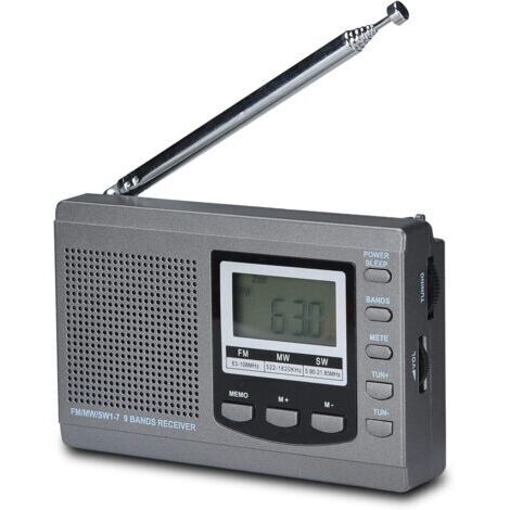 Radio AM/FM/SW DSP a banda intera, altoparlante stereo, schermo LCD, sveglia, timer, timer di spegnimento, radio portatile (grigio)