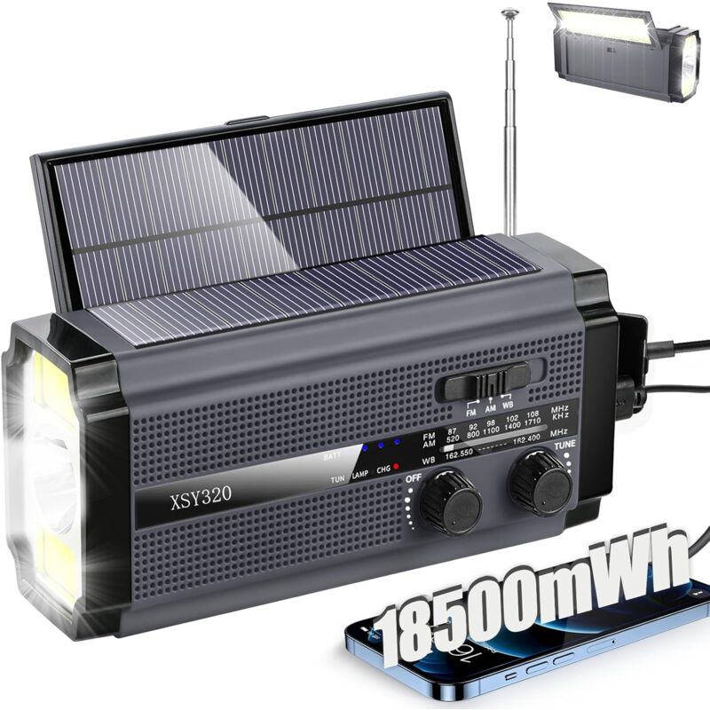 Radio AM/FM avec 2 panneaux solaires 5 modes de charge NOAA Weather Scan 3 modes Lampe de poche Chargeur de téléphone portable Alarmes SOS pour la