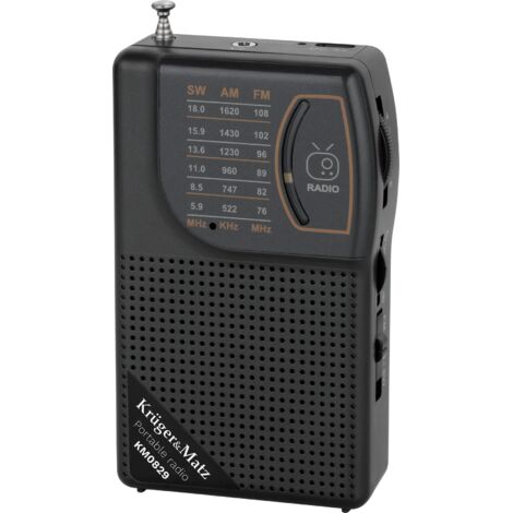 Radio analógica compacta portátil Kruger&Matz AM/FM con batería recargable y conector de 3,5 mm.