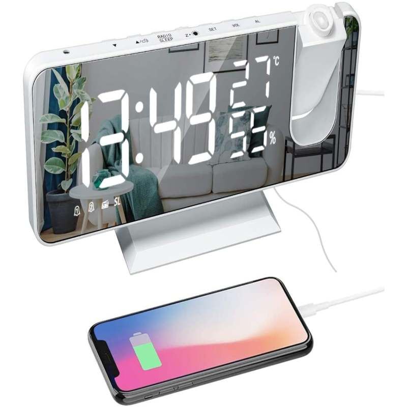Lifcausal - Radio avec projection de Teto Co-Phénix Led usb Relógio com Temperatura et Tempo Branco