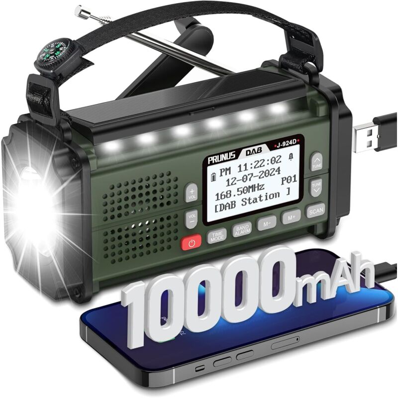 Radio Dab+/FM Portable, Prunus J-924 Solaire Dynamo 10000mAh, Radio Survie avec Piles et Manivelle, Panneau Solaire, Réveil, Chargeur USB-C, Lampe de