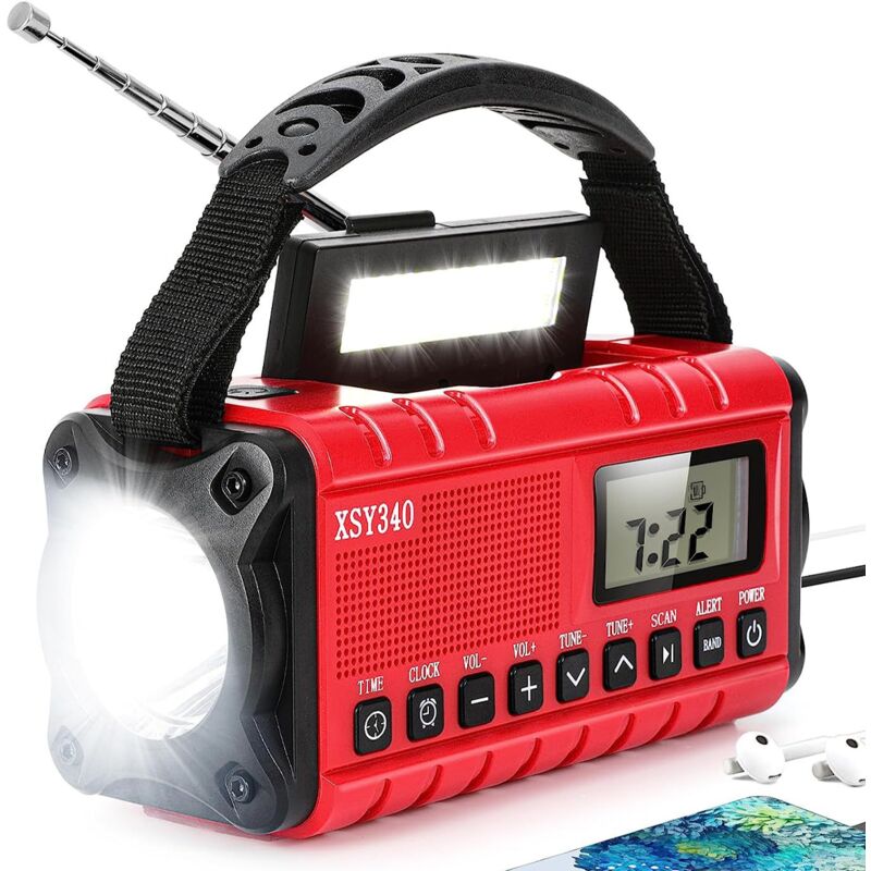 Radio Dab/FM Portable(rouge), Radio Solaire 5000mAh, Radio Solaire Chargeur USB avec Alarme SOS d'urgence, Lampe de Poche et Lampe de Lecture
