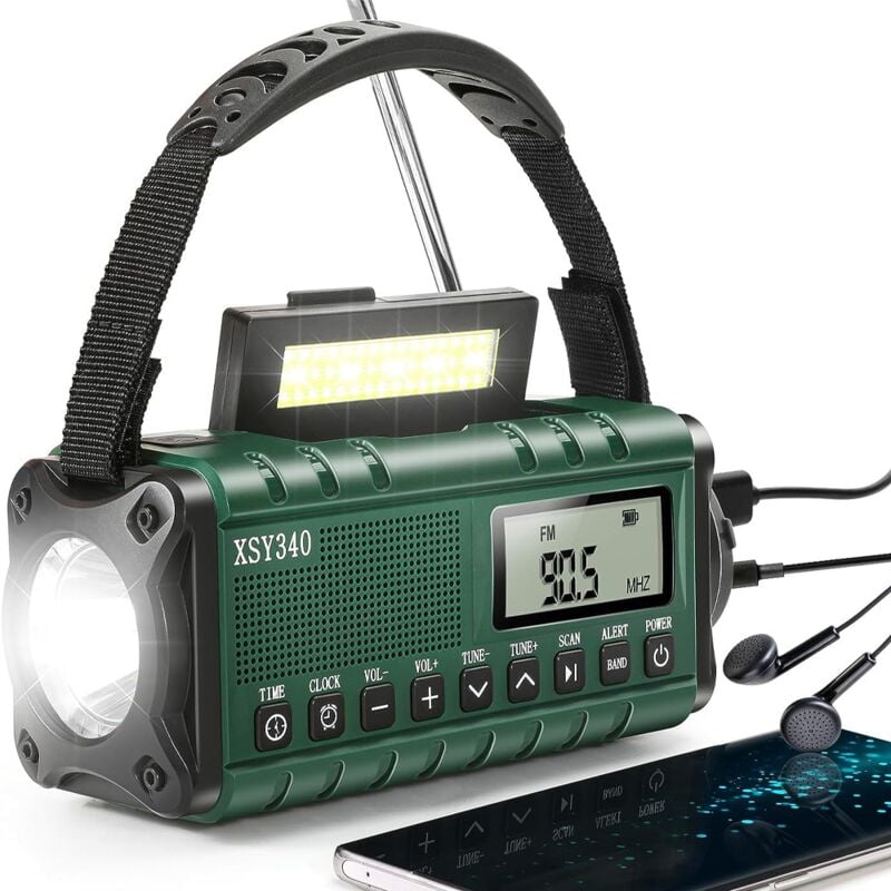 Radio Dab/FM Portable(vert), Radio Solaire 5000mAh, Radio Solaire Chargeur USB avec Alarme SOS d'urgence, Lampe de Poche et Lampe de Lecture