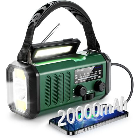 Radio D'Alerte Météo  - Radio Portable AM FM - Lampe Torche LED - Manivelle D'Urgence - Chargeur Solaire - Alarme SOS - Boussole - 20000 mAh - 1 Pièce