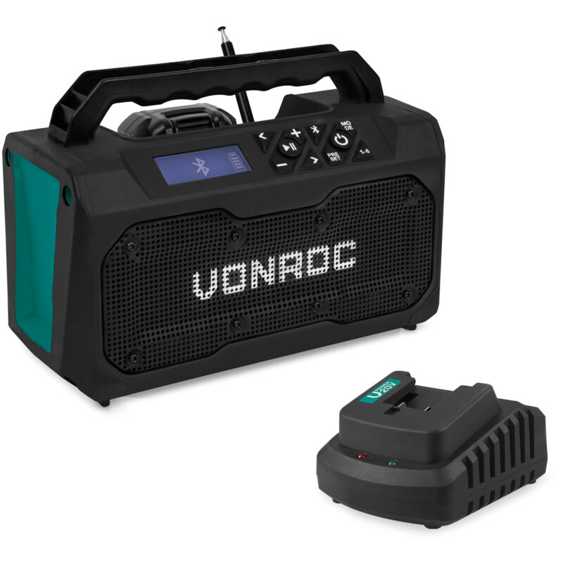 Vonroc - Radio de chantier 20V – fm, Bluetooth, usb – Système haut-parleurs bass-reflex – Batterie 2.0Ah et chargeur inclus