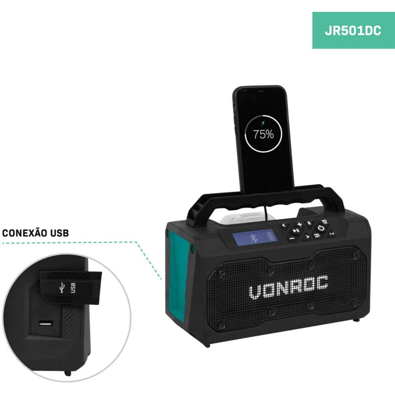 Vonroc - Radio de chantier sans fil 20V – fm, Bluetooth, usb – Système haut-parleurs bass-reflex – Sans batterie, ni chargeur