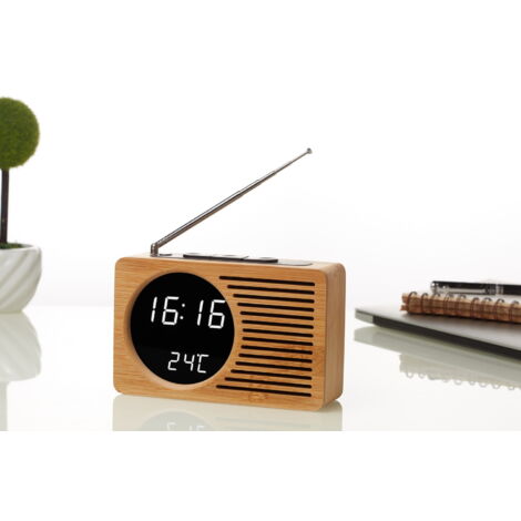 Radio de chevet rétro en bois réveil paresseux muet réveil cadeau créatif horloge électronique 16.5  4.5  9 cm miroir en bambou véritable lumière blanche