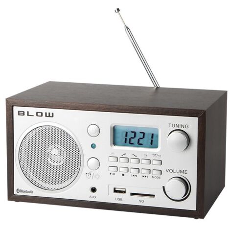 Radio de cuisine portable Bluetooth rétro avec horloge LCD, antenne FM et port USB.