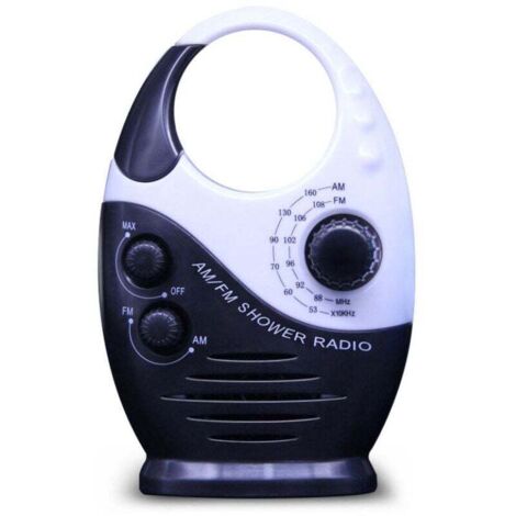 Radio de ducha negra impermeable, miniradio portátil AM FM con volumen ajustable, radio con asa superior, ideal para ducha, mesita de noche o garaje.