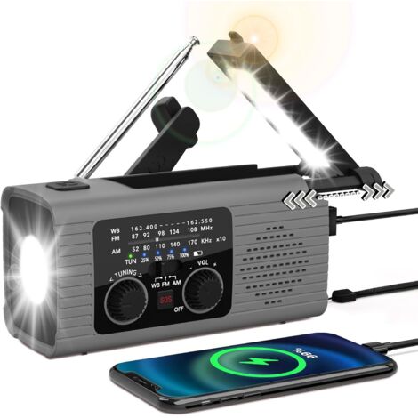 Radio de emergencia AM/FM/NOAA con energía solar, linterna LED, generador de manivela, sirena SOS, 2000 mAh, color gris.