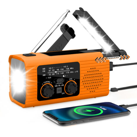 Radio de emergencia AM/FM/NOAA con energía solar, linterna LED, generador de manivela, sirena SOS, 2000 mAh, color naranja.