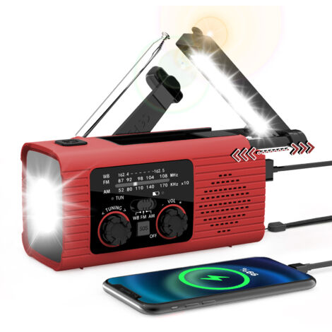 Radio de emergencia AM/FM/NOAA con energía solar, linterna LED, generador de manivela, sirena SOS, 4000 mAh, color rojo.