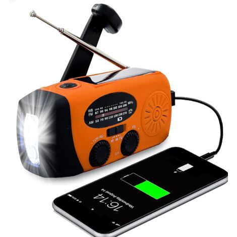 Radio de emergencia con manivela, 3 linternas LED, radio meteorológica NOAA AM/FM y batería de 2000 mAh, para situaciones de emergencia (naranja).
