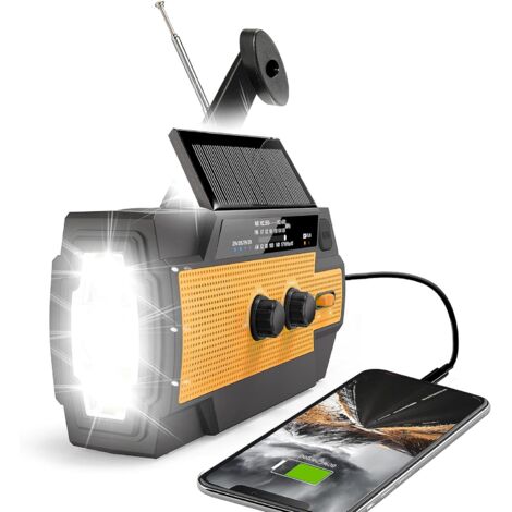 Radio de emergencia con manivela, 4000 mAh, alimentada por energía solar, portátil, AM/FM/NOAA, cargador de celular, para uso doméstico, color naranja.