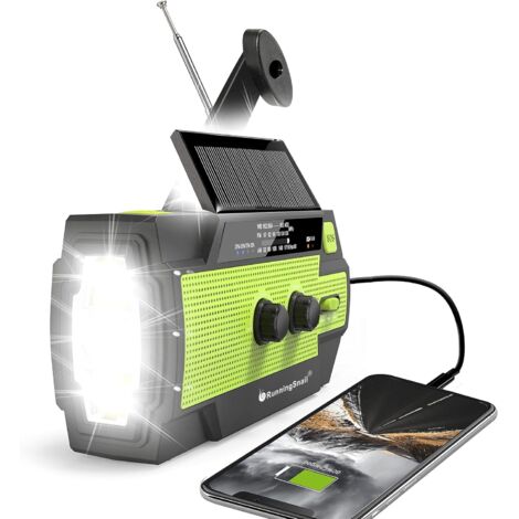 Radio de emergencia con manivela alimentada por energía solar, radio meteorológica portátil AM/FM/NOAA con función de manivela, linterna de 3 modos y luz de lectura, SOS.