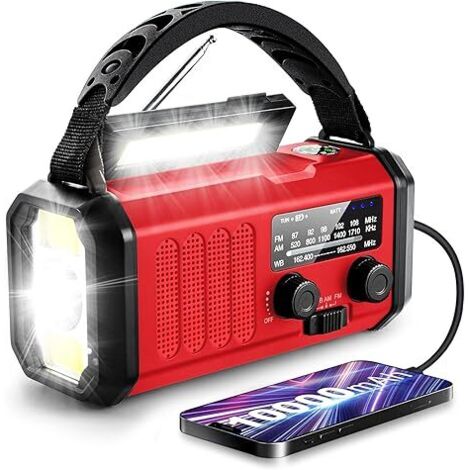 Radio de emergencia con manivela, radio solar de 10 000 mAh/37 000 mWh, radio meteorológica NOAA/AM/FM, radio con dinamo y linterna LED multifunción para emergencias en interiores y exteriores, color 