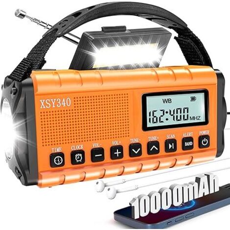 Radio de emergencia de 37 000 mWh con alarma meteorológica NOAA, radio portátil con manivela solar con pantalla digital AM/FM, despertador, linterna de emergencia SOS, elementos esenciales de emergenc